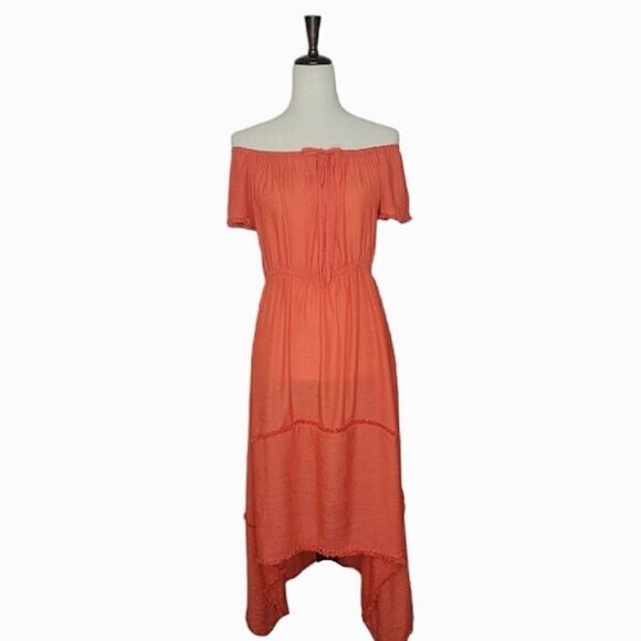 Easel Orange Off The Shoulder High-Low Fringed Maxi Dress Size S - Picture 1 of 9